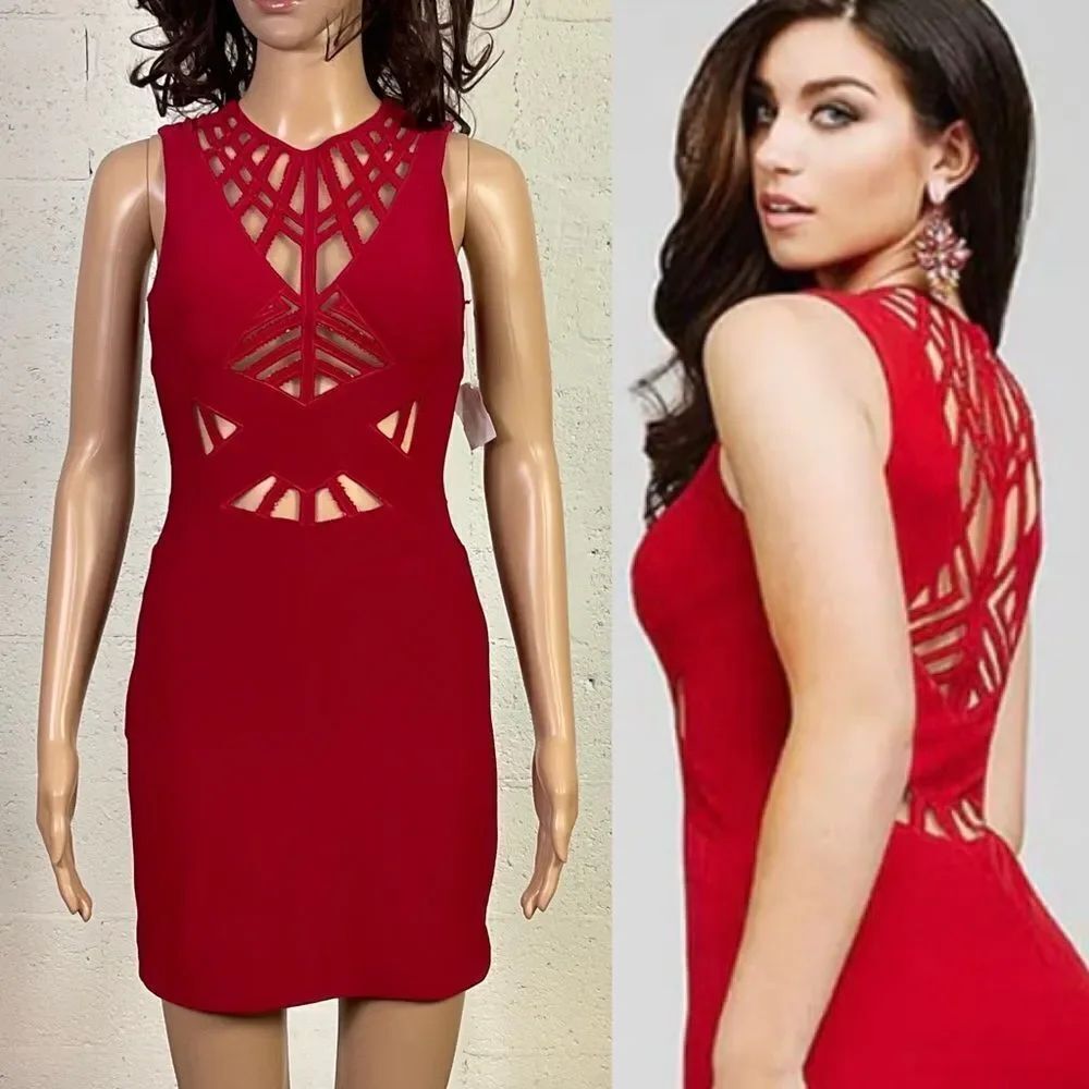 NEW JOVANI red sleeveless fitted jersey cutout mini cocktail dress S